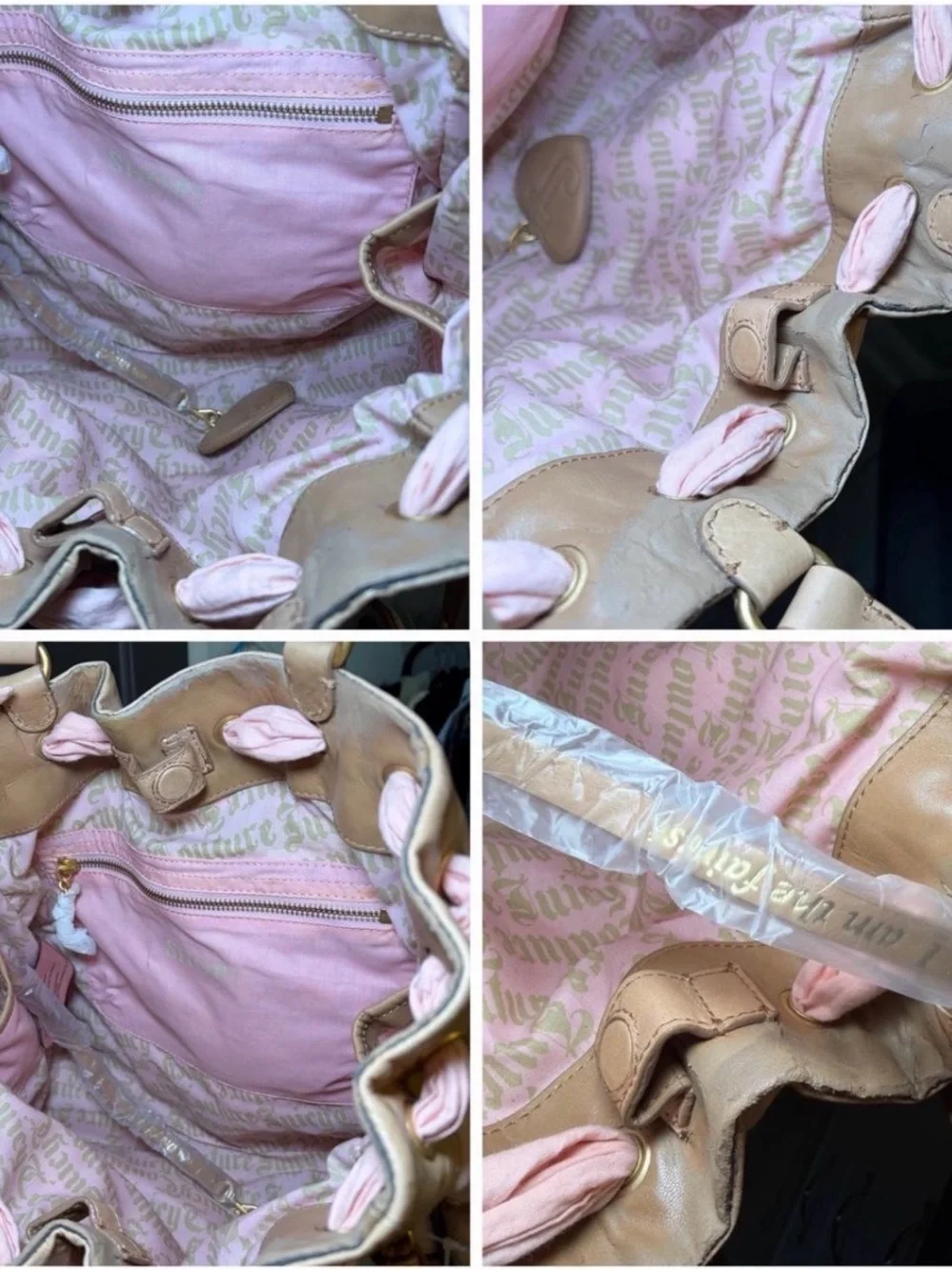 Vintage Juicy Couture Pink & Tan Juicy No. 1 Darling Tote Bag with Heart Charm